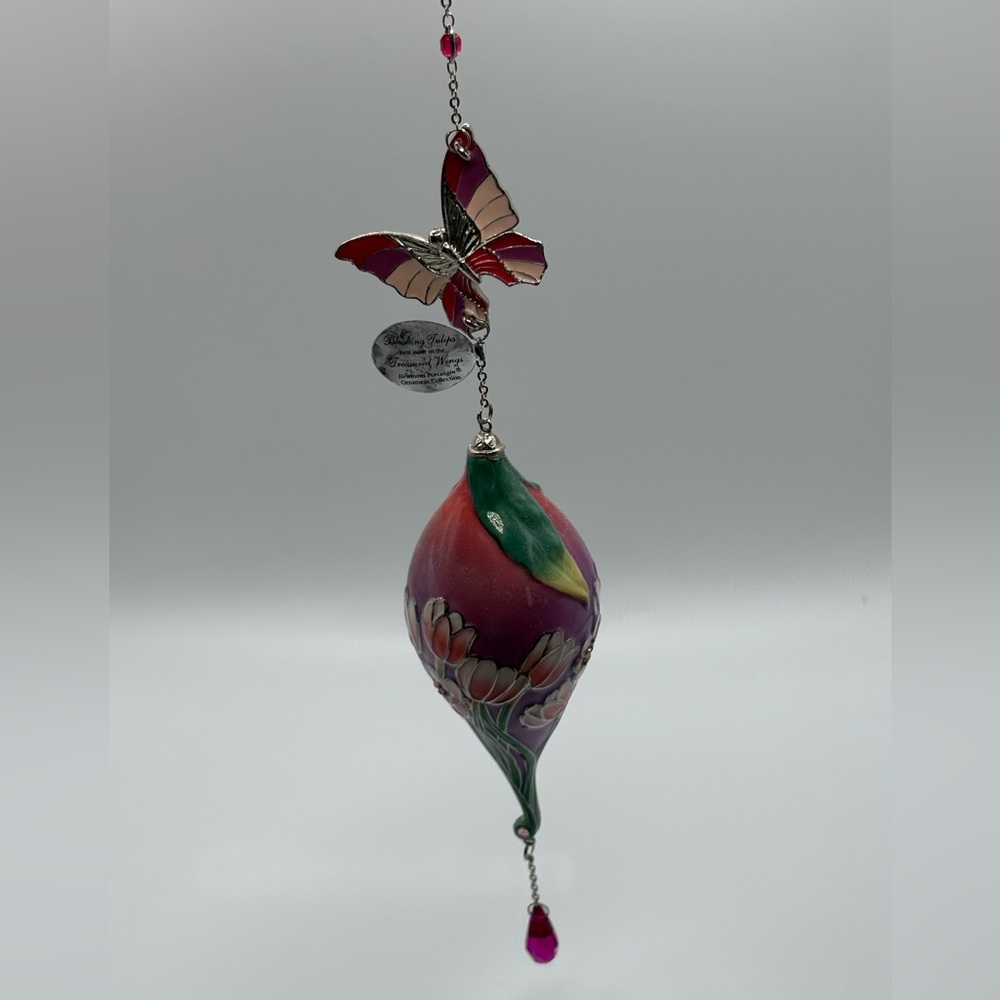 Ceramic Purple Pink Christmas Ornament Butterfly Blushing Tulips Victorian Style